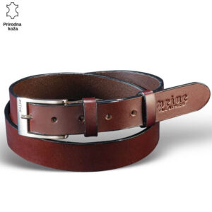 Tamno braon kožni kaiš brenda Princ Leather sa metalnom kopčom i utisnutim logotipom.