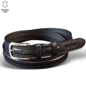 Crni kožni kaiš Princ Leather sa srebrnom kopčom.