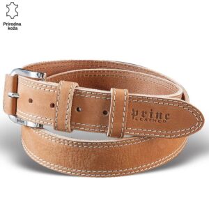 Svetlosmeđi kožni kaiš sa belim šavovima i metalnom kopčom