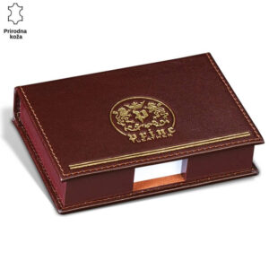 Smeđa luksuzna kožna kutija sa zlatnim grbom i logom Princ Leather.