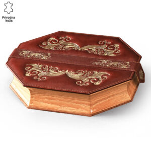 Ručni rad: osmostranična drvena kutija sa Princ Leather poklopcem od prirodne kože i zlatnim ornamentima.