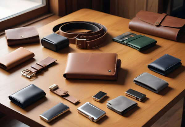 Aksesoari na drvenom stolu uključujući braon kožne novčanike