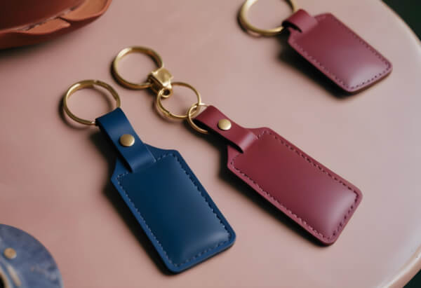 Kožni privesci u teget i bordo boji sa zlatnom metalnom šnalom na roze stolu.