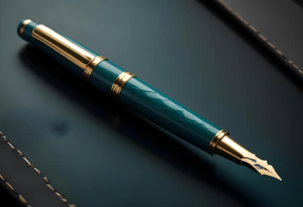 Naliv pero elegantne tamno zelene boje sa zlatnim vrhom postavljeno na tamno zeleni kožni rokovnik.
