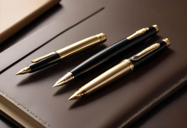 Pisaći pribor koji prikazuje crno zlatnu hemijsku olovku i crno zlatno naliv pero sa elegantnim detaljima postavljene na kožnom rokovniku.