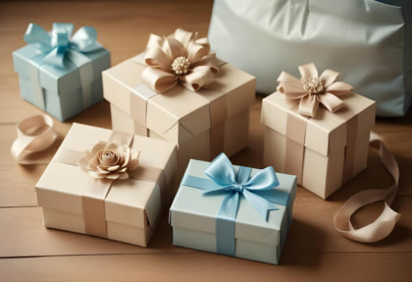 Poklon setovi upakovani u zlatne i svetlo plave elegantne kutije.