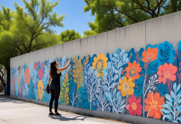 Posca markeri u upotrebi na zidu gde zena crta cvece šareno po celoj površini zida.