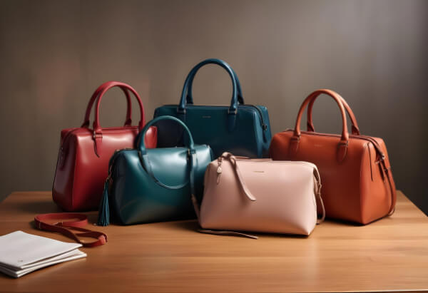 Torbe kožne na drvenom stolu uključujući crvenu