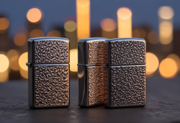 Zippo upaljači tamnih boja i raznovrsne teksture postavljeni uspravno na stolu sa pogledom u pozadini na grad noću.