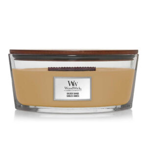 Mirisna sveća gilded sands elipsa, woodwick brenda, bež boje u staklenoj tegli.