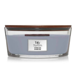 Hypnoflora elipsa mirisna sveća brenda woodwick, u staklenoj tegli svetlo plave boje.