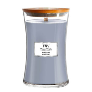 Hypnoflora velika mirisna sveća, woodwick brenda, u staklenoj tegli svetlo plave boje.
