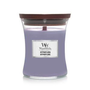 Hypnoflora medium mirisna sveća, brenda woodwick u staklenoj tegli svetlo plave boje.