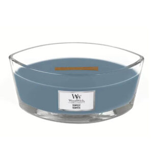 Mirisna sveća tempest elipsa. Brend woodwick, u staklenoj tegli, plave boje.