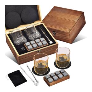 Viski set za pice, dve case, kocke leda, i kutija u kojoj sve to dolazi