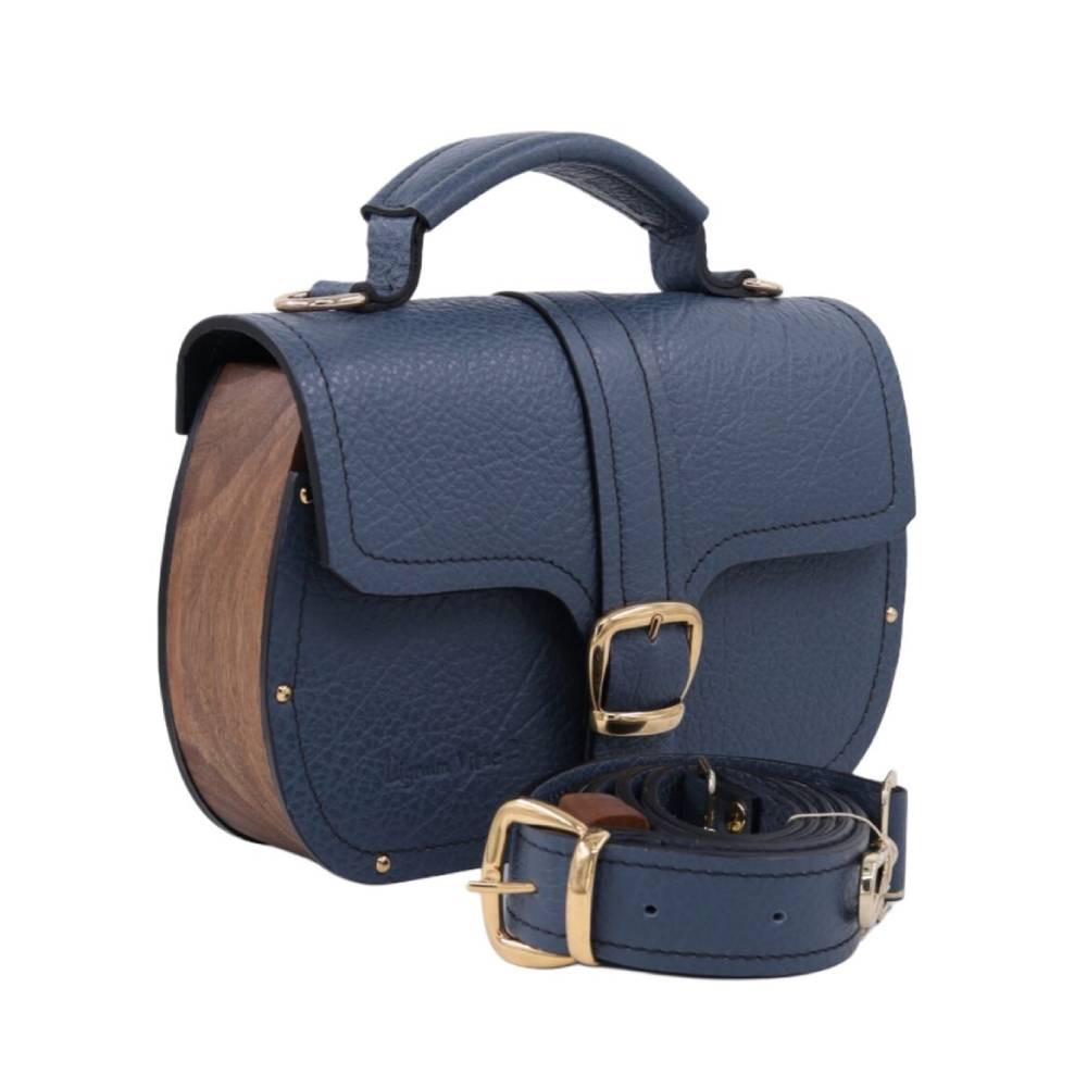 lignum-torba-joan-1 Lignum zenska kozna torba, plave boje sa drvenim okvirom