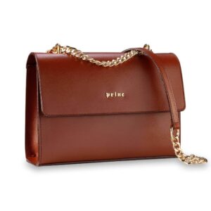 Kožna ženska torbica Elle, u viski boji sa zlatnim kaišem.