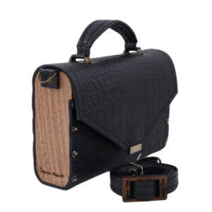 Venessa V lignum kozna zenska torba sa drvenim detaljima crne boje